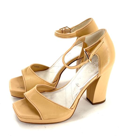 Franco Sarto Dima Heels 6 Tan Nude Leather Beige Block Heel Sandals - Picture 1 of 6